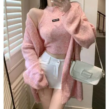 Spring Autumn Women s Solid Sweater Long Sleeves Loose Warm Cardigan Sleeveless Knitting Tank Top Gentle Casual Tops One Size