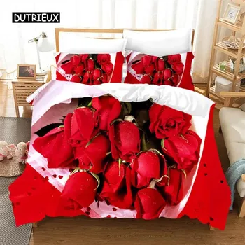 Комплект постельного белья Rose Duvet Set из микрофибры Pink Heart Rose Romantic Flower Tema Комплект постельного белья для влюбленных Double Queen King Size Покрывало для пододеяльника EU Single 135x200cm