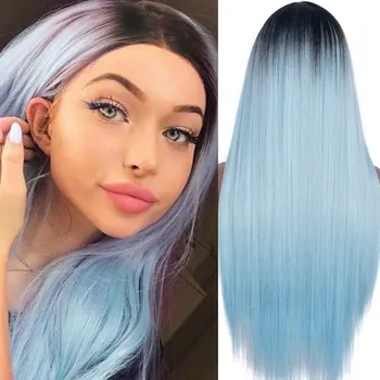 LISI HAIR Длинные прямые черные синие парики Парик из синтетических волос Красный бордовый розовый Ombre Частичные кружевные парики для женщин Парик средней части