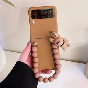 Милый чехол для телефона с 3d мультяшной собакой для Samsung Galaxy Z Flip 3 5g, корейский однотонный браслет с бусинами, полная защита For Samsung Z Flip 3 синий