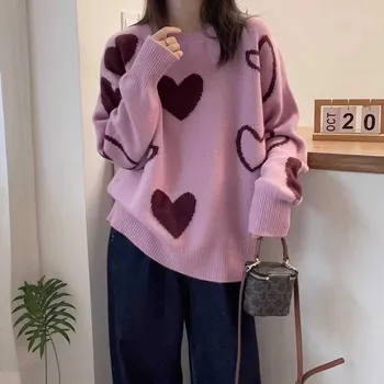 Жаккардовый вязаный свитер Love Heart, женский, осенний, повседневный, свободный, универсальный, свитер, темпераментный топ S серый