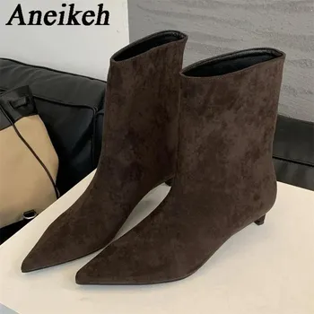 Aneikeh осень-зима остроносые ботильоны женские дизайнерские винтажные тонкие туфли на низком каблуке современные короткие ботинки 35 коричневый