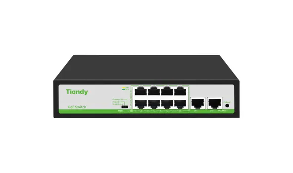 Коммутатор Tiandy TC-P3S010, кол-во портов: 8x100 Мбит/с, кол-во SFP/uplink: RJ-45 2x1 Гбит/с, PoE: 8x30 Вт (макс. 90 Вт) (TC-P3S010 H/0820/AT/90)
