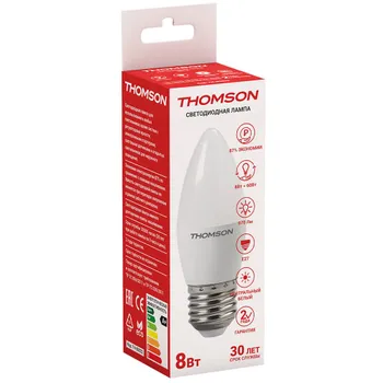 Лампа светодиодная E27 свеча/C37, 8Вт, 4000K / белый, 670лм, THOMSON (TH-B2022)