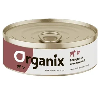 Organix влажный корм для собак, с заливным из говядины и черники, в консервах - 100 г повседневный супер премиум для взрослых с говядиной для всех пород консервы (в железной банке) Российский корм 1 уп. х 24 шт. х 2.4 кг