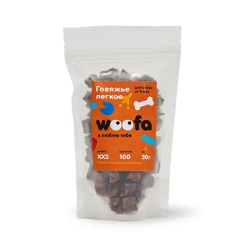 Woofa лакомство для собак, говяжье легкое, кусочек 1,5 на 1,5 см - 30 г повседневный супер премиум для всех возрастов с говядиной Россия 1 уп. х 1 шт. х 0.03 кг