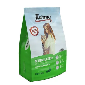 Karmy Sterilized полнорационный сухой корм для стерилизованных кошек, с лососем - 400 г повседневный премиум для взрослых с лососем мешок Российский корм 1 уп. х 1 шт. х 0.4 кг