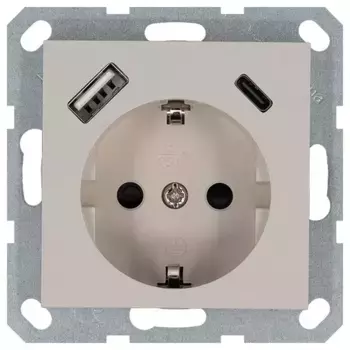 Розетка SHUKO с USB A+C с защитными шторками 16A 250V 2P+T USB 25W, цвет Тауп Jasmart G5501USB-25T