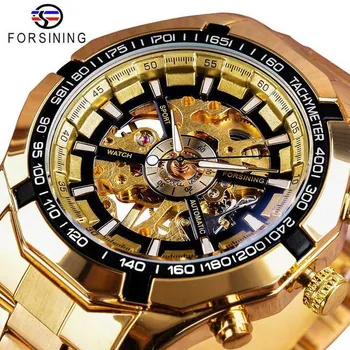 Forsining Top Watch Серебряные мужские механические часы из нержавеющей стали Водонепроницаемые светящиеся спортивные часы-скелетоны с ручным заводом 30M