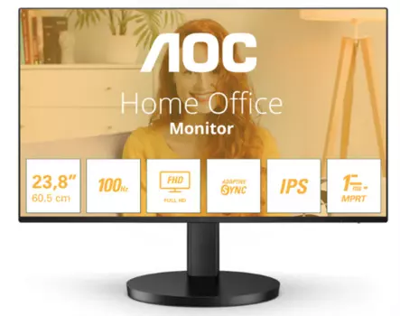 Монитор 23,8" AOC 24B3HA2 1920х1080, WLED, 16:9, IPS, 250cd, 1300:1, 20M:1, 4ms, 178/178, VGA, HDMI, 100Hz, Speakers, Tilt, Внутр, VESA, Black, 3y