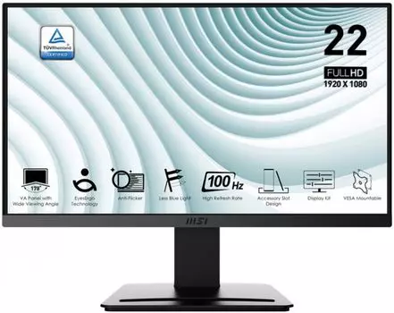 Монитор 21,5" MSI PRO MP223 E2 9S6-3PB9CH-026 1920x1080, 1мс, 250 кд/м2, 3000:1, 100M:1, 178°/178°, VA, 16:9, 100Hz, HDMI 1.4b, DP 1.2a, Tilt, VESA