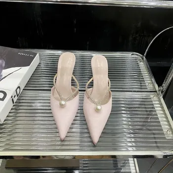 Summer Women s Fashion Slippers Pointed Toe Thin Heels Pearl Slippers Women Dress Sweet Lovely Rhinestones Zapatillas De Mujer 35 покинуть белый