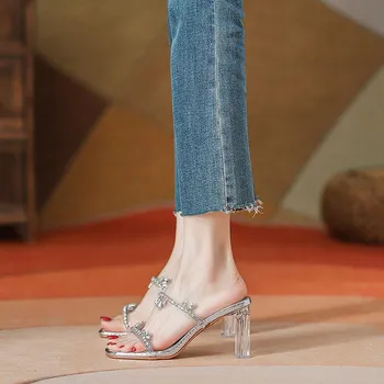 French Rhinestone Double Strap Sandals Women Summer fairy Style High Heeled Transparent Crystal Outer Wear Thick Heeled Sandals 36 бежевый