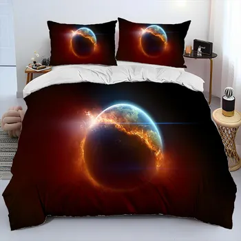 Комплект постельного белья с рисунком 3D Space Fixed Stars Galaxy Earth, пододеяльник, наволочка, комплект постельного белья размера King Queen EU Single135x200cm