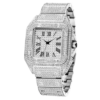 MISSFOX Ice Out Square Watch для мужчин, лучший бренд, роскошные мужские часы с бриллиантами, ультратонкие водонепроницаемые часы в стиле хип-хоп серебряный