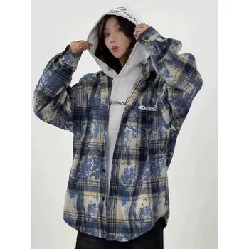 American High Street Trendy Tie-Dye Long Sleeve Shirt Unisex Autumn Loose Fit Versatile Oversize Plaid Shirt Jacket M розовый