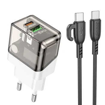 Сетевое зарядное устройство Borofone Scenery BA80A 20 Вт, USB, EU, USB type-C, Quick Charge, PD, черный/белый (6941991105173), кабель type-C/type-C