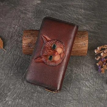 Johnature Ретро Натуральная Кожа Женский Кошелек Длинная Сумка Натуральная Коровья Кожа Ручной Работы Тисненый Кошелек Для Телефона Держатель Для Карты коричневый