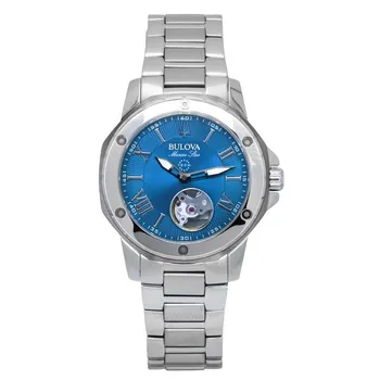 Часы женские Bulova Marine Star из нержавеющей стали с открытым сердцем и синим циферблатом, автоматические, 98L317, 100 м синий