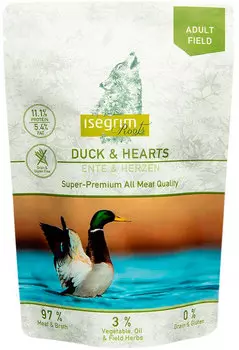 Isegrim Roots Adult Field беззерновые для взрослых собак с уткой и куриными сердечками (410 гр х 7 шт)