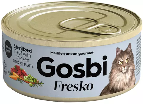 Gosbi Fresko Grain Free Cat Sterilized беззерновые для взрослых кастрированных котов и стерилизованных кошек с говядиной, курицей и зеленью (70 гр х 32 шт)