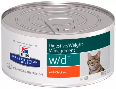 Hill's Prescription Diet W/d Chicken для взрослых кошек при сахарном диабете, запорах, колитах с курицей 156 гр (156 гр х 24 шт)
