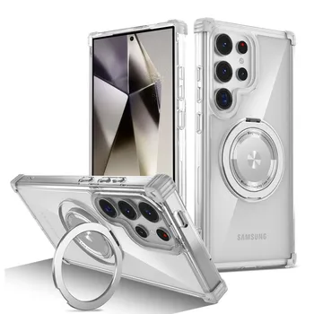 Прозрачный чехол KEYSION для Samsung S24 Ultra S23 FE S22 + чехол-подставка с магнитным кольцом для Galaxy Note 20 Ultra for Galaxy S24 розовый