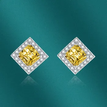 BELLA BOX S925 Серебряные серьги-гвоздики с иглами, женские корейские серьги с микроинкрустацией из циркона, квадратные бриллианты, модные красочные желтые бриллианты синий