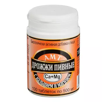 БАД Пивные дрожжи с кальцием и магнием, 500мг, 100 табл