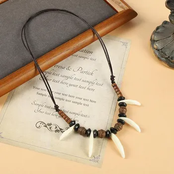 Wood bead real dog tooth necklace men and women retro personalized wolf tooth pendant dog tooth pendant Tibetan accessories