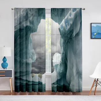 Cute Penguins Wildlife Tulle Curtains Icebergs Antarctica Nature Scene Sheer Voile Curtain for Living Room Bedroom Kitchen Decor 1 PCS W100XH250cm&Rod Pocket