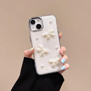 Чехол для телефона с жемчужным бантом и сердечком для Iphone 15 14 13 12 Pro Max 11, милый мягкий силиконовый тонкий чехол из ТПУ iPhone 15