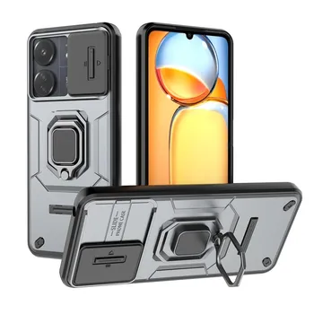 Для Xiaomi Redmi 14R 14C 13 13C 4G 5G Battle Bear Slide Push Window TPU + PC противоударный металлический чехол с магнитной адсорбцией для автомобиля For Redmi 13C 4G/5G чёрный