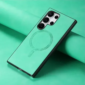 Чехол для Samsung Galaxy S24 Ultra S23 Plus S23FE Чехол для Magsafe Magnetic Luxury Plain Leather Wireless Charging Shell для Samsung S24+ Samsung S24 ultra чёрный