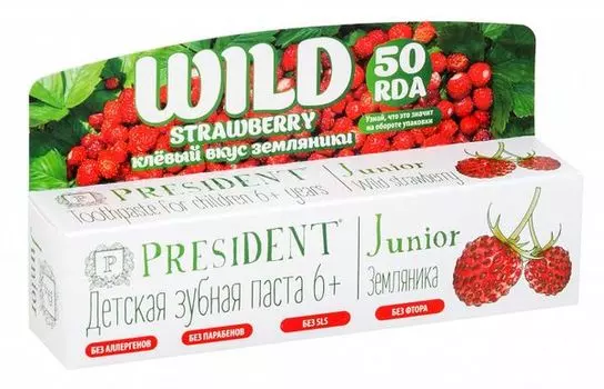 Паста зубная вкус земляники для детей старше 6 лет без фтора Junior President/Президент 50г