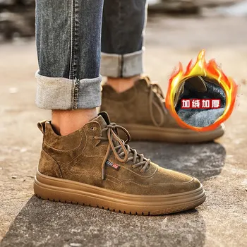 29092 retro leather medium tube short boots men s thick sole heightening outdoor tooling shoes high top boys shoes 37