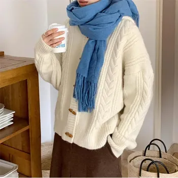 Soft waxy loose hooded horn buckle sweater women s new autumn and winter small knitted cardigan jacket one size fits all