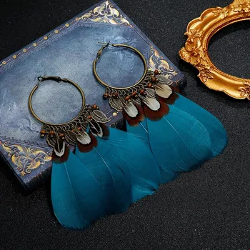 Seaside retro vacation style bohemian feather earrings femininity personality fashion fringed versatile earrings earrings чернил синий