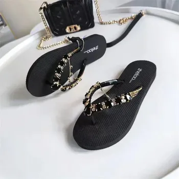 Shoes for Women 2024 Hot Sale Flip Flops Women s Slippers Fashion Crystal Casual Slippers Women High Quality Chain Flat Slippers 35 белый