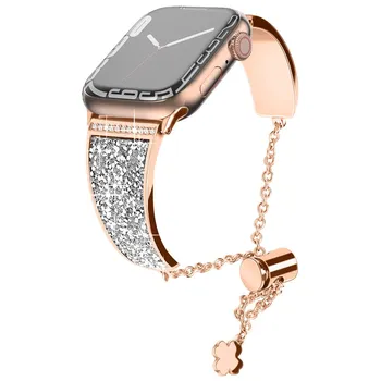 Ремешок с бриллиантами для iWatch 7, 41 мм, 45 мм, женский браслет из нержавеющей стали для iWatch 7, 6 SE, 5, 4, 3, 40 мм, 44 мм, 38 мм, 42 мм, ремешки 38/40/41mm серебряный