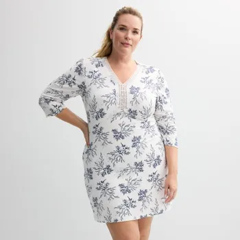 Плюс сайт короткая ночная сорочка из микро-вельвета Miss Elaine Essentials, цвет ivory floral