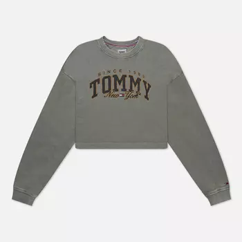 Женская толстовка Tommy Jeans Cropped Luxe Varsity Crew Neck, цвет зелёный, размер S