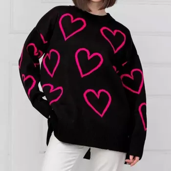 IHUASU Женский пуловер Love Jacquard с круглым вырезом, вязаный джемпер, модные универсальные повседневные топы на осень и зиму S хаки