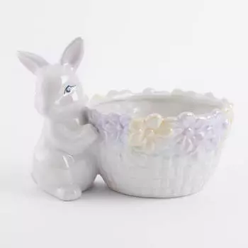 Конфетница, 18x13 см, керамика, перламутр, Кролик с корзиной в цветах, Easter