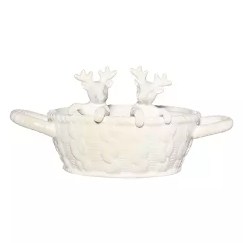 Конфетница, 21 см, с ручками, керамика, белая, перламутр, Олени, Winter deer