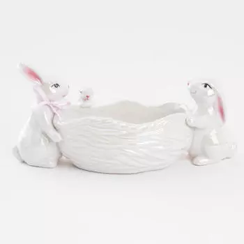 Конфетница, 29х13 см, фарфор P, белая, перламутр, Три кролика у корзины, Easter