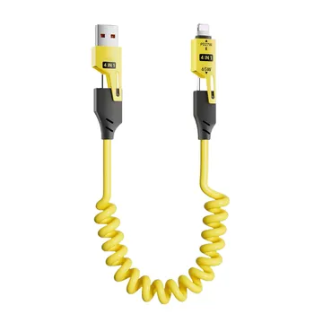 4 в 1 65 Вт пружинный короткий кабель для передачи данных 6A USB Type C пружинный телескопический провод для быстрой зарядки пружинный USB-кабель для iPhone 15 14 13 12 1.5m синий