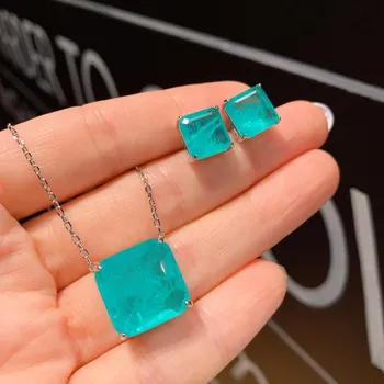 Изумрудные квадратные серьги-гвоздики Paraiba с подвеской Simple Women s