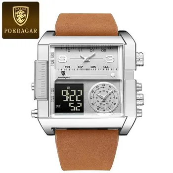POEDAGAR Auto Day Week Digital Dual Display Многофункциональные кварцевые часы Роскошные мужские прямоугольные водонепроницаемые светящиеся наручные часы чёрный/золотой