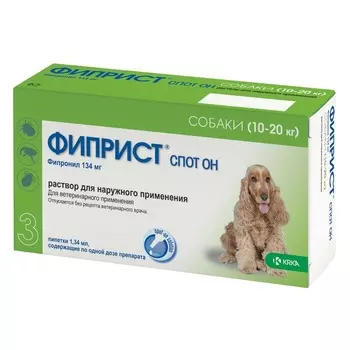 Фиприст Спот Он (KRKA) для собак 10-20 кг от блох, вшей, клещей и власоедов 3 шт от блох для всех возрастов породы среднего размера Словения 1 уп. х 1 шт. х 0.038 кг